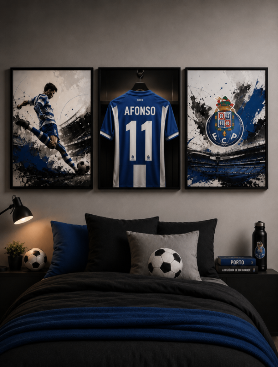 Trio de quadros nas cores azul e branco
